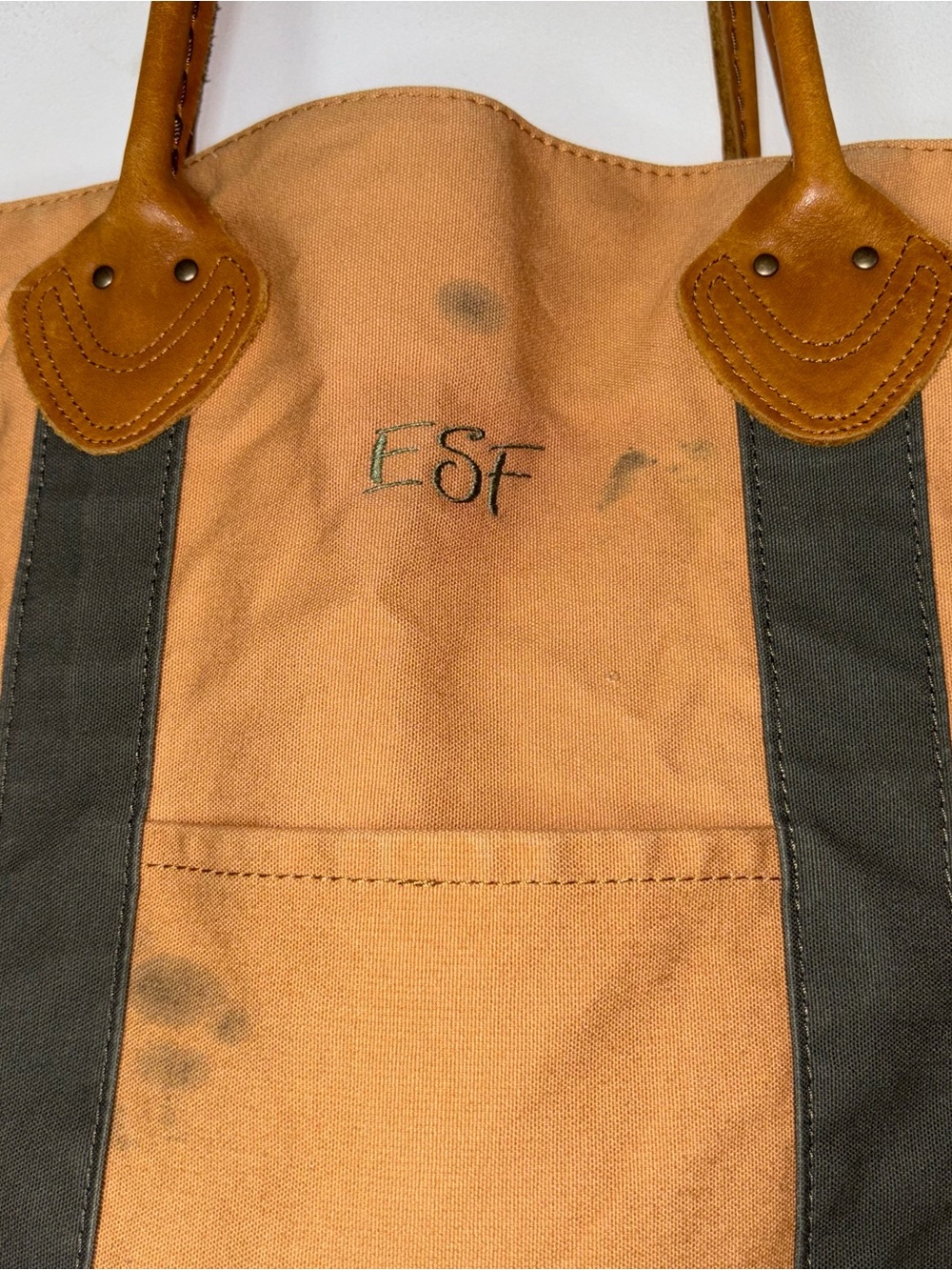 LL Bean Leather Handles Tote Bag Canvas Plaid Lined Brown Green Boat Vintage 90s - Picture 5 of 12